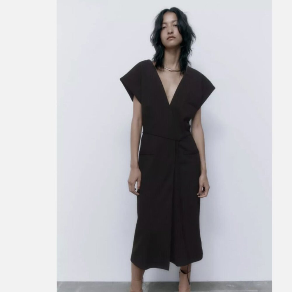 NWT ZARA WOMAN PINSTRIPE CAPE-SLEEVE BELTED MIDI V-NECK DRESS